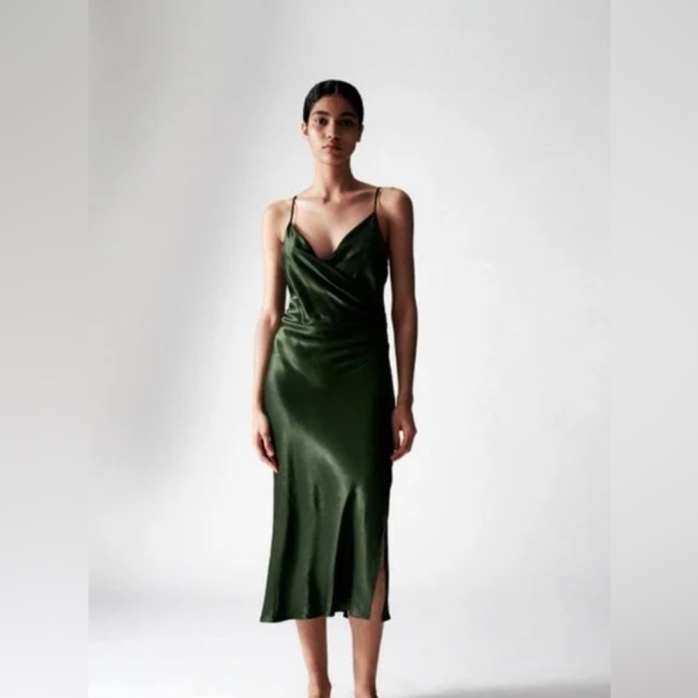 ZARA Satin Midi Evergreen Dress Size Medium NWT